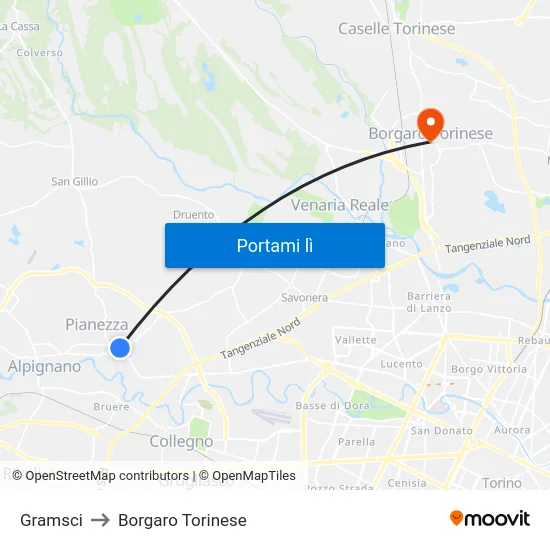 Gramsci to Borgaro Torinese map