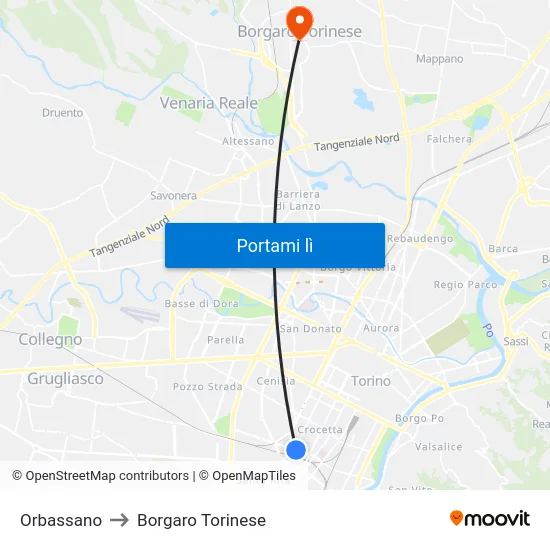 Orbassano to Borgaro Torinese map