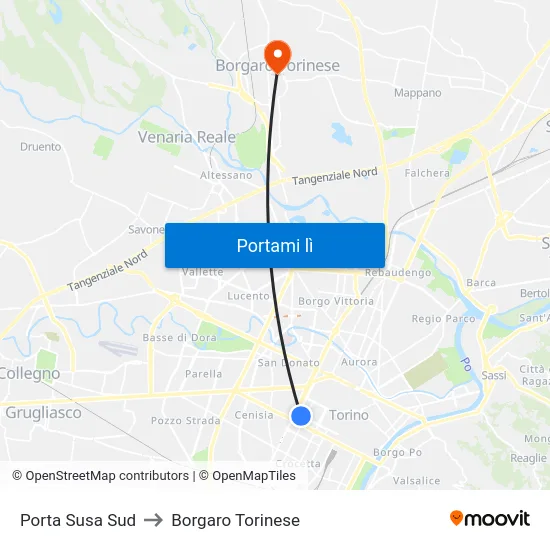 Porta Susa Sud to Borgaro Torinese map