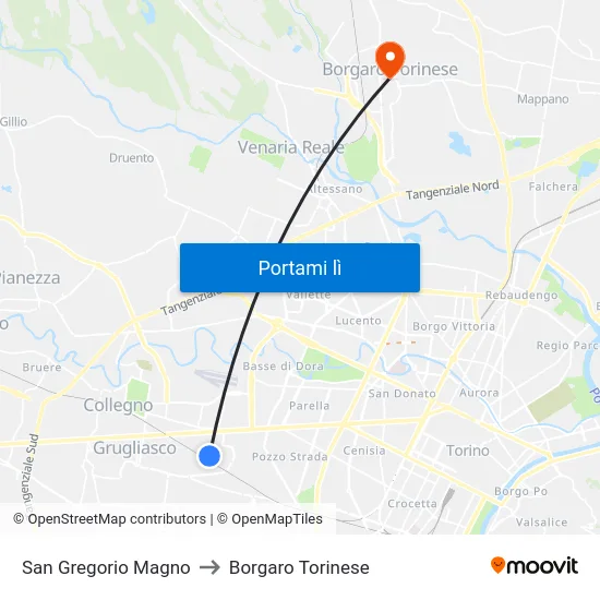 San Gregorio Magno to Borgaro Torinese map