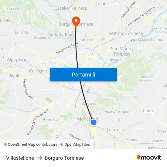 Villastellone to Borgaro Torinese map