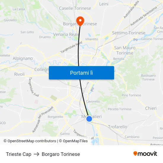 Trieste Cap to Borgaro Torinese map