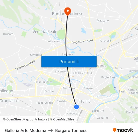 Galleria Arte Moderna to Borgaro Torinese map