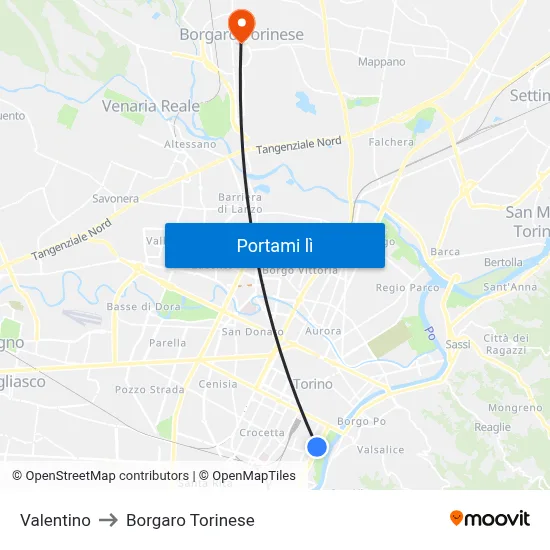 Valentino to Borgaro Torinese map