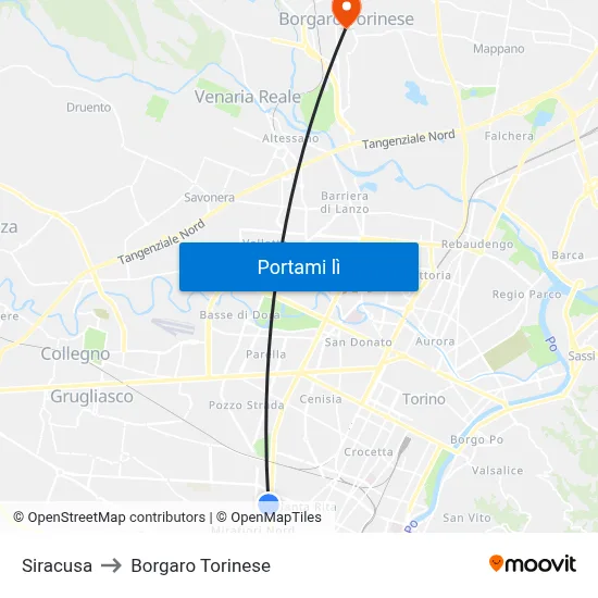 Siracusa to Borgaro Torinese map