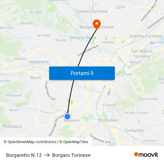 Borgaretto N.13 to Borgaro Torinese map