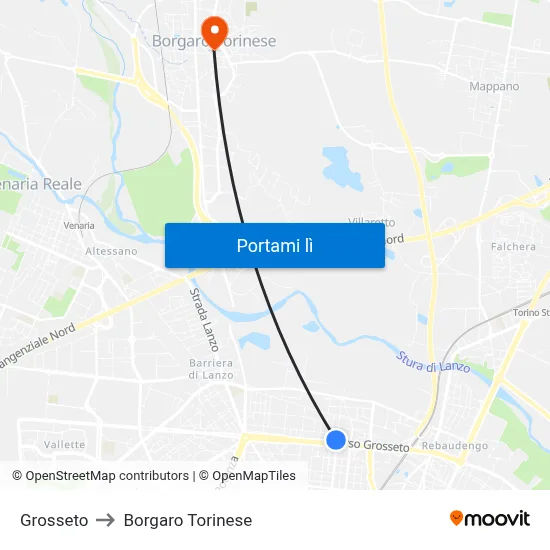 Grosseto to Borgaro Torinese map