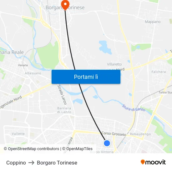 Coppino to Borgaro Torinese map