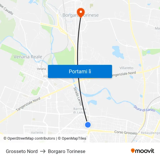 Grosseto Nord to Borgaro Torinese map