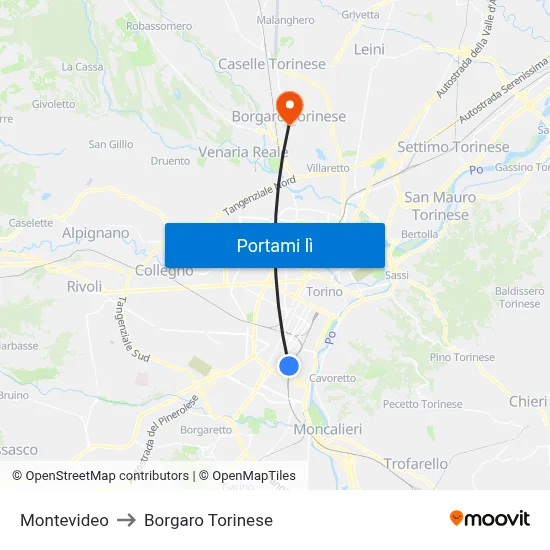 Montevideo to Borgaro Torinese map