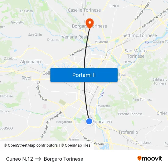 Cuneo N.12 to Borgaro Torinese map