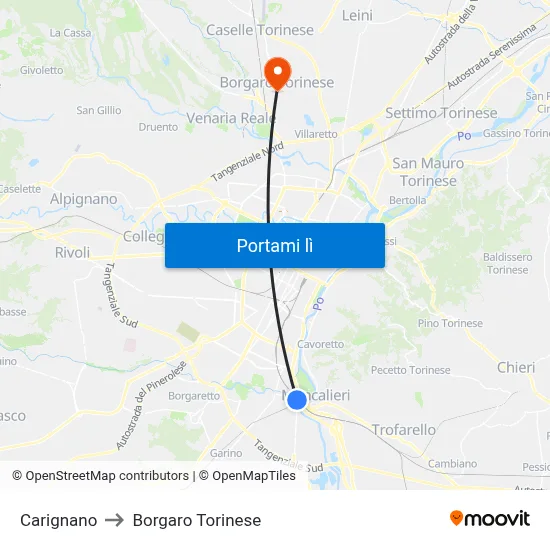 Carignano to Borgaro Torinese map