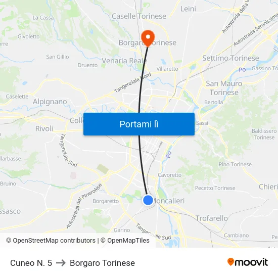 Cuneo N. 5 to Borgaro Torinese map