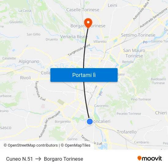Cuneo N.51 to Borgaro Torinese map