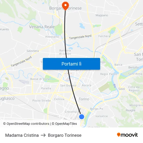 Madama Cristina to Borgaro Torinese map