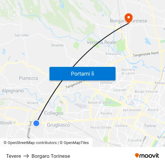 Tevere to Borgaro Torinese map