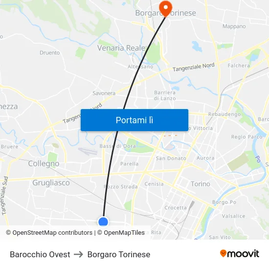 Barocchio Ovest to Borgaro Torinese map