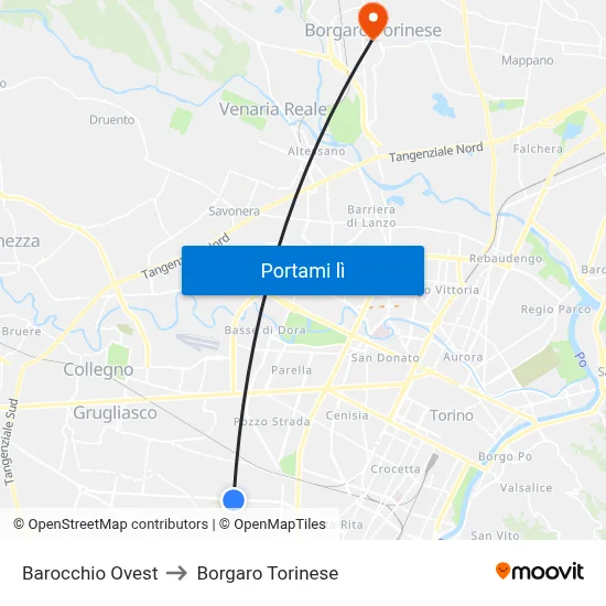 Barocchio Ovest to Borgaro Torinese map