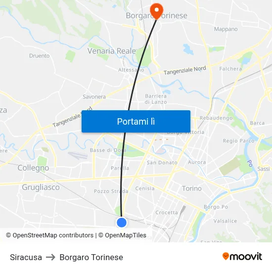 Siracusa to Borgaro Torinese map