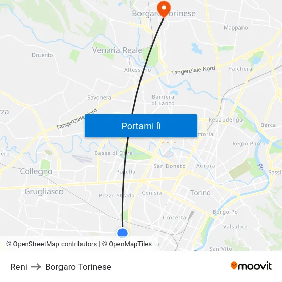 Reni to Borgaro Torinese map