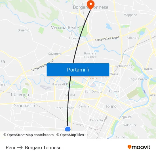 Reni to Borgaro Torinese map