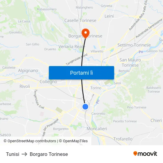Tunisi to Borgaro Torinese map