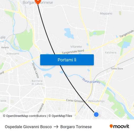 Ospedale Giovanni Bosco to Borgaro Torinese map