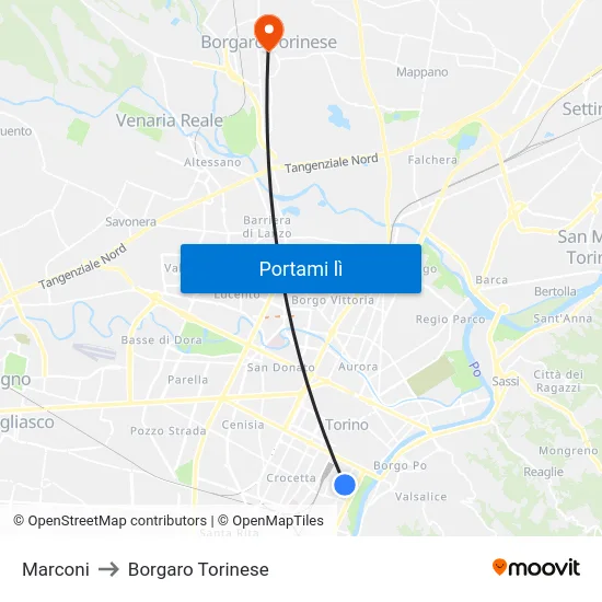 Marconi to Borgaro Torinese map