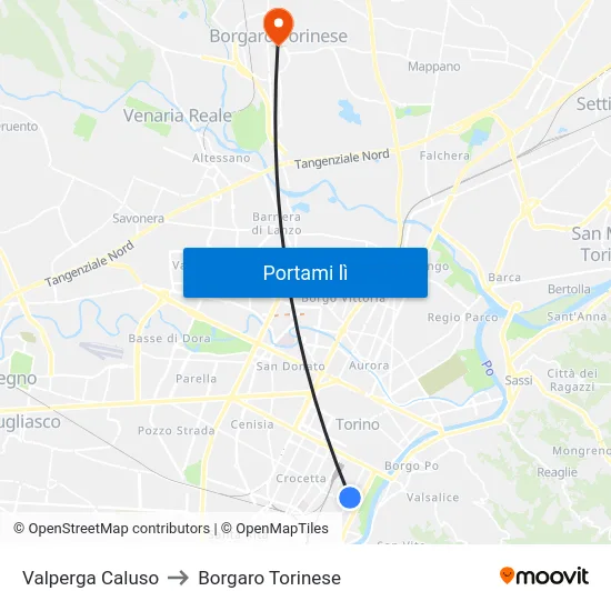 Valperga Caluso to Borgaro Torinese map