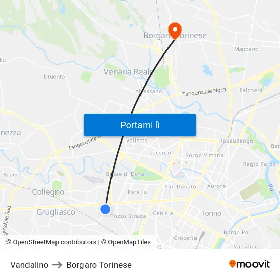 Vandalino to Borgaro Torinese map