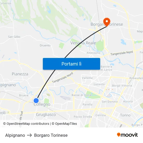Alpignano to Borgaro Torinese map