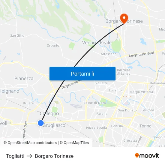 Togliatti to Borgaro Torinese map