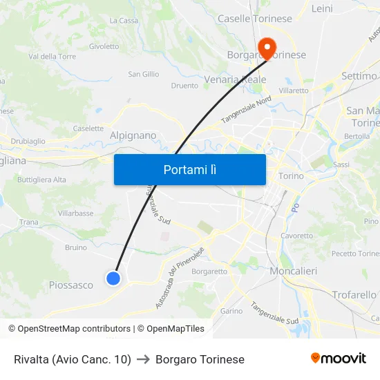 Rivalta (Avio Canc. 10) to Borgaro Torinese map