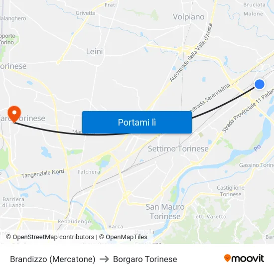 Brandizzo (Mercatone) to Borgaro Torinese map