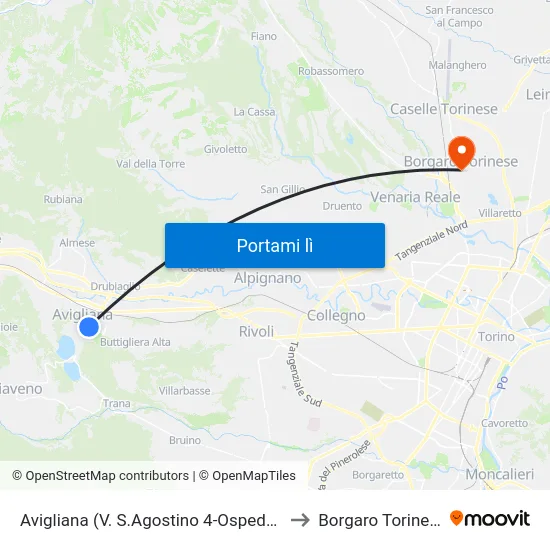 Avigliana (V. S.Agostino 4-Ospedale) to Borgaro Torinese map
