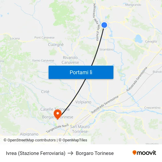 Ivrea (Stazione Ferroviaria) to Borgaro Torinese map