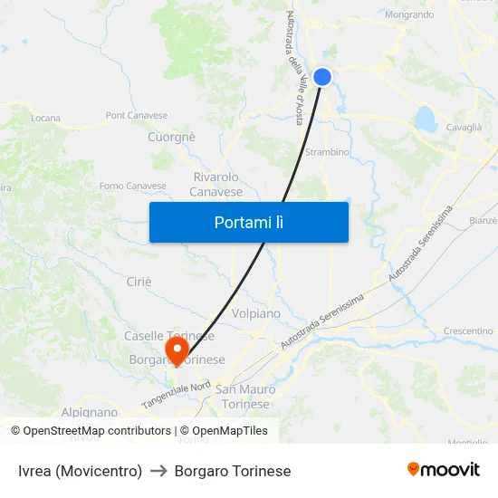 Ivrea (Movicentro) to Borgaro Torinese map