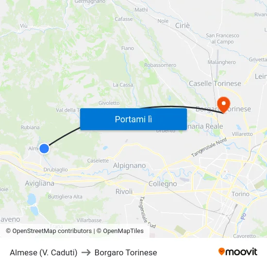 Almese (V. Caduti) to Borgaro Torinese map