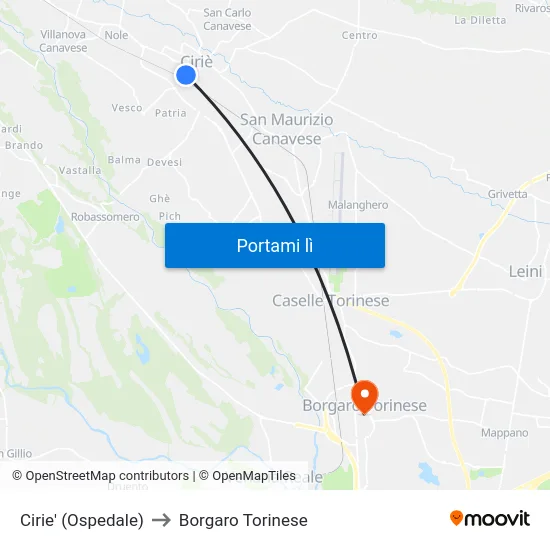 Cirie' (Ospedale) to Borgaro Torinese map