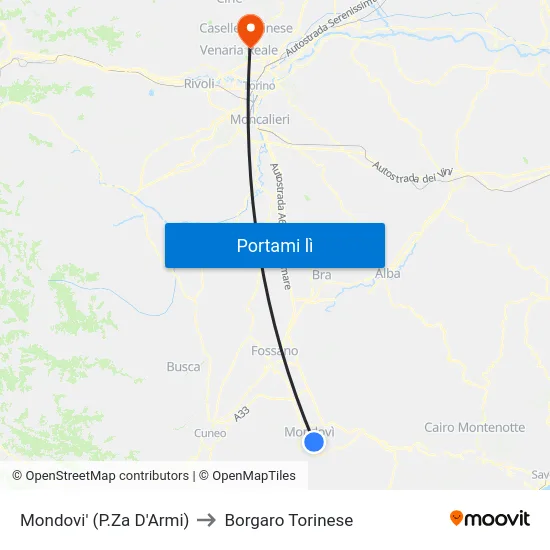 Mondovi' (P.Za D'Armi) to Borgaro Torinese map