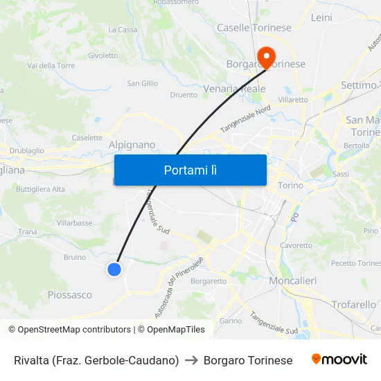 Rivalta (Fraz. Gerbole-Caudano) to Borgaro Torinese map