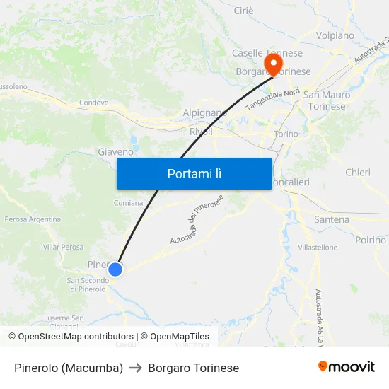 Pinerolo (Macumba) to Borgaro Torinese map