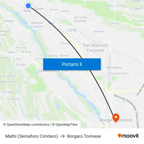 Mathi (Semaforo Cimitero) to Borgaro Torinese map