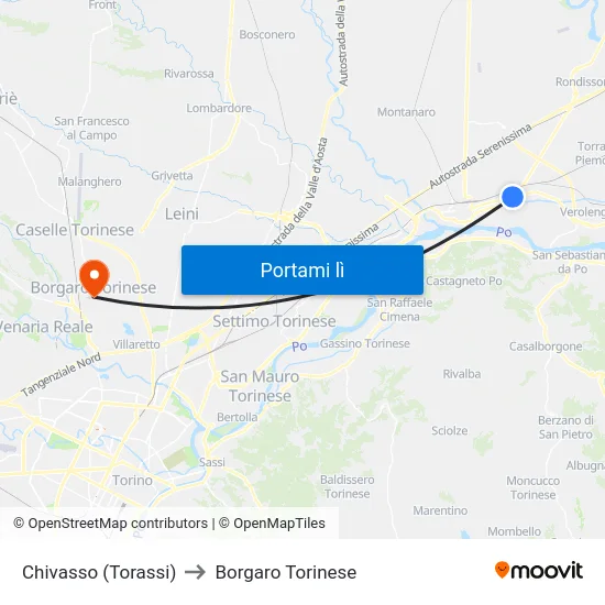 Chivasso (Torassi) to Borgaro Torinese map
