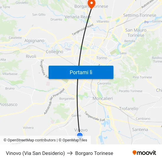 Vinovo (Via San Desiderio) to Borgaro Torinese map