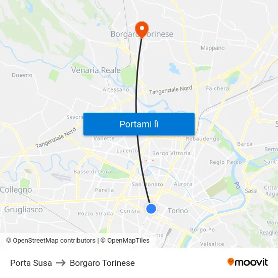 Porta Susa to Borgaro Torinese map