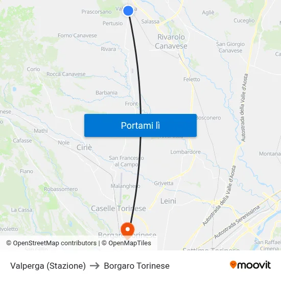 Valperga (Stazione) to Borgaro Torinese map