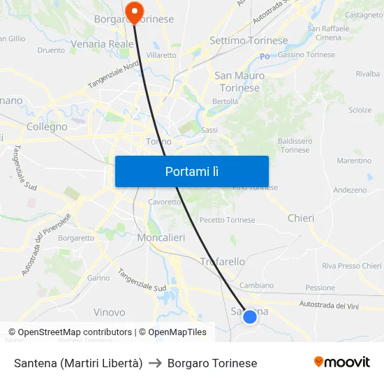 Santena (Martiri Libertà) to Borgaro Torinese map