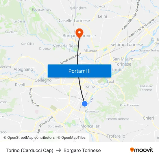 Torino (Carducci Cap) to Borgaro Torinese map