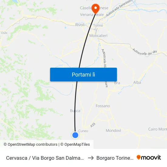 Cervasca / Via Borgo San Dalmazzo to Borgaro Torinese map